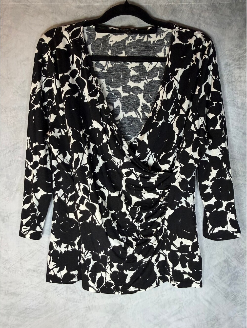 Talbots Women’s Large Black White Floral Surplice Faux Wrap Top 3/4 Sleeve
